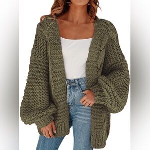 Olive Green Chunky Knit Open-Front Cardigan Sweater